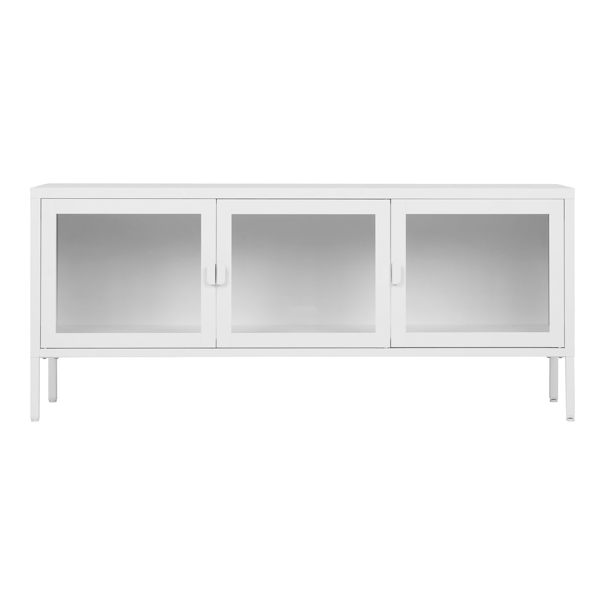 Comodă TV, 3 uși din sticlă, oțel, alb, 130x40x55 cm