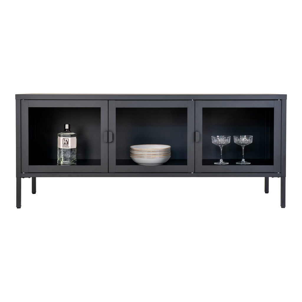 Comodă TV, 3 uși din sticlă, oțel, negru, 130x40x55 cm