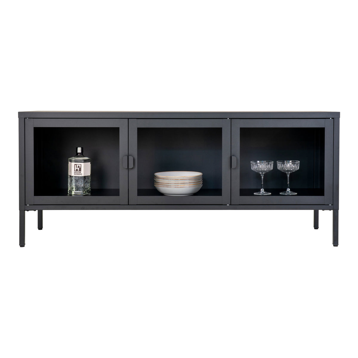 Comodă TV, 3 uși din sticlă, oțel, negru, 130x40x55 cm