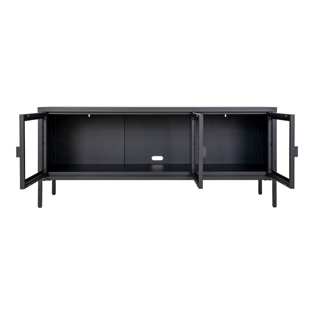 Comodă TV, 3 uși din sticlă, oțel, negru, 130x40x55 cm