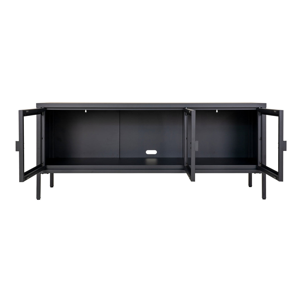 Comodă TV, 3 uși din sticlă, oțel, negru, 130x40x55 cm