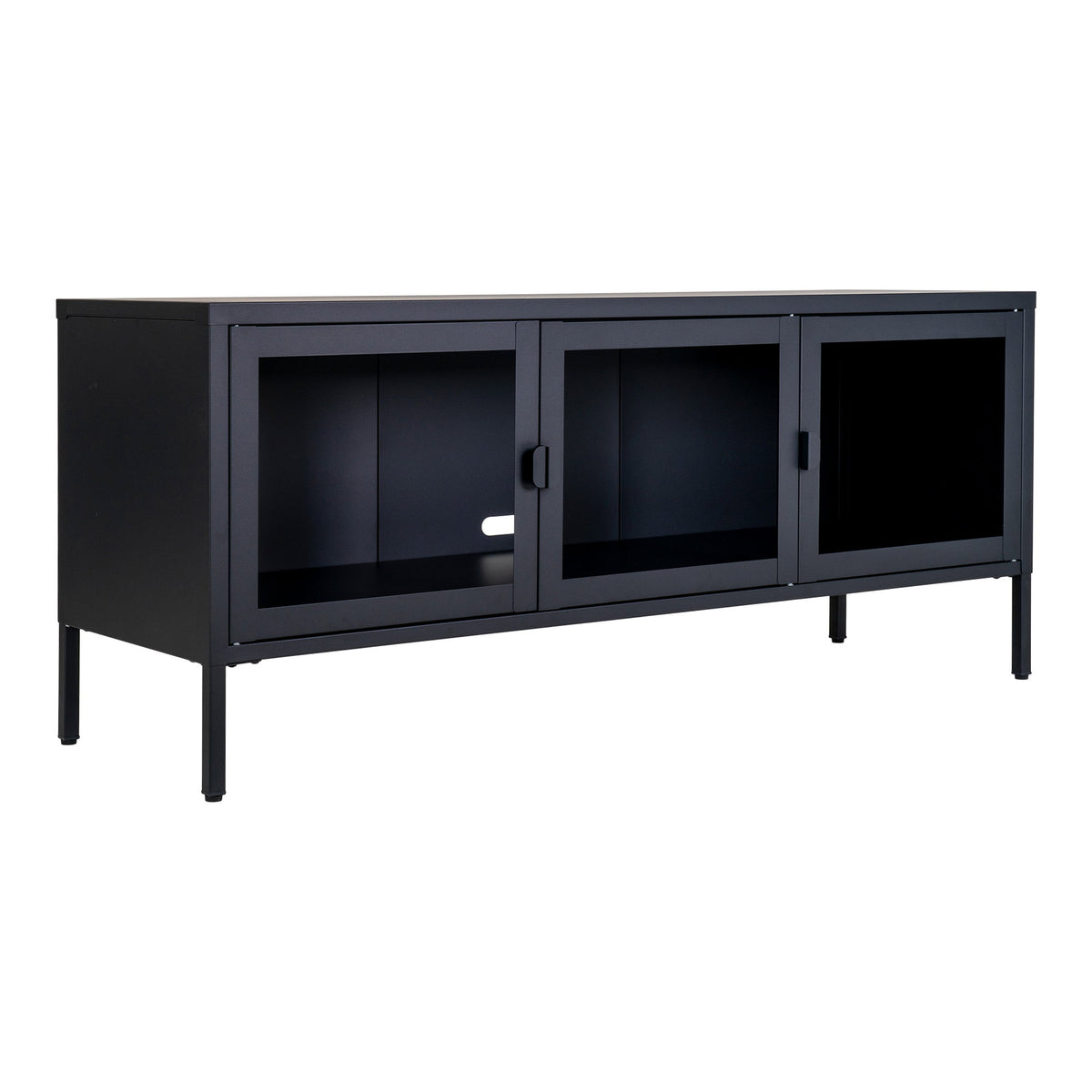 Comodă TV, 3 uși din sticlă, oțel, negru, 130x40x55 cm
