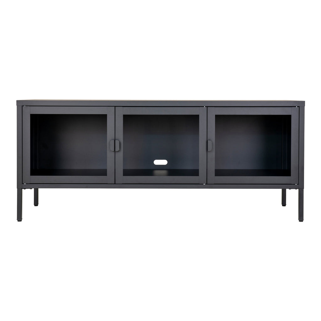 Comodă TV, 3 uși din sticlă, oțel, negru, 130x40x55 cm