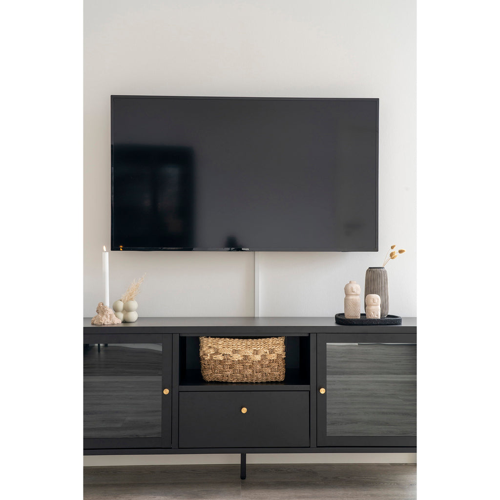 Comodă TV, 2 uși din sticlă, 1 sertar, oțel, negru, 150x35x60 cm