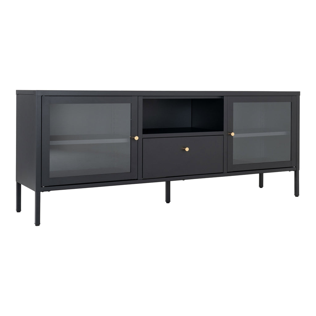 Comodă TV, 2 uși din sticlă, 1 sertar, oțel, negru, 150x35x60 cm