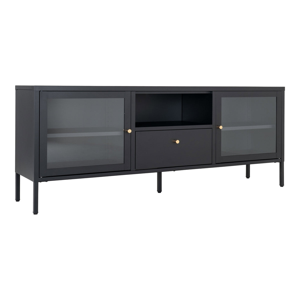 Comodă TV, 2 uși din sticlă, 1 sertar, oțel, negru, 150x35x60 cm