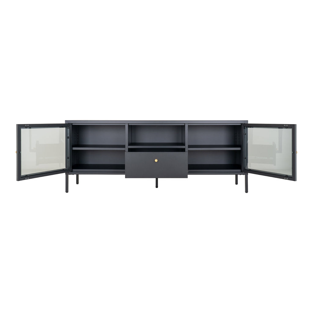 Comodă TV, 2 uși din sticlă, 1 sertar, oțel, negru, 150x35x60 cm