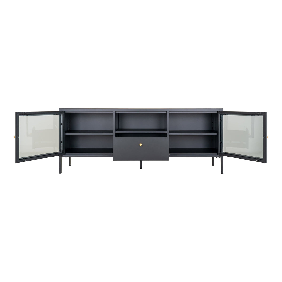 Comodă TV, 2 uși din sticlă, 1 sertar, oțel, negru, 150x35x60 cm