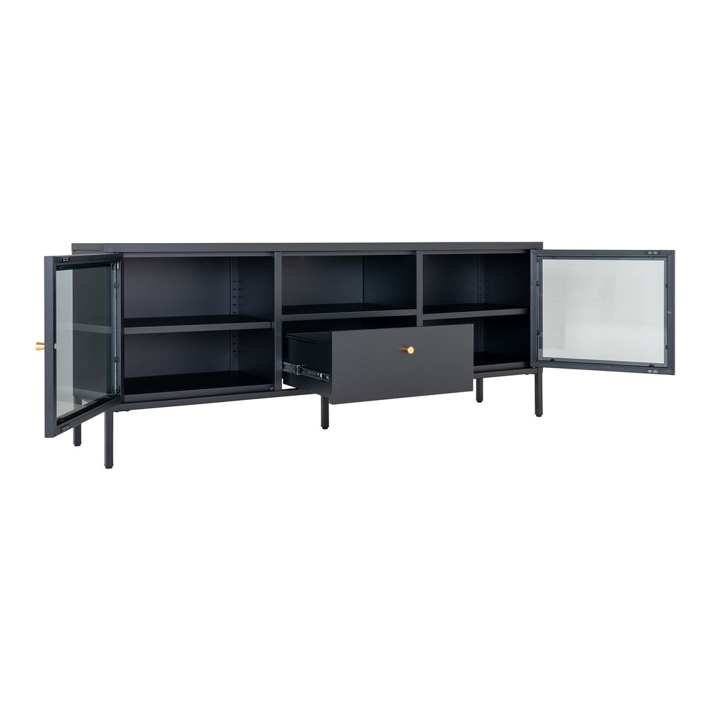 Comodă TV, 2 uși din sticlă, 1 sertar, oțel, negru, 150x35x60 cm