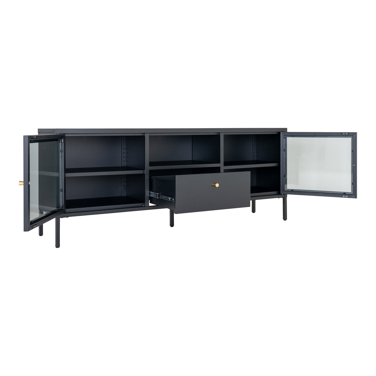 Comodă TV, 2 uși din sticlă, 1 sertar, oțel, negru, 150x35x60 cm