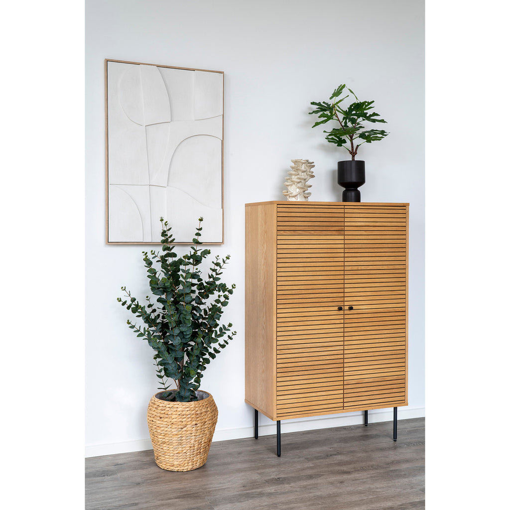 Comodă înaltă, 2 uși, furnir de stejar, natur, picioare din metal negru, 80x40x130 cm