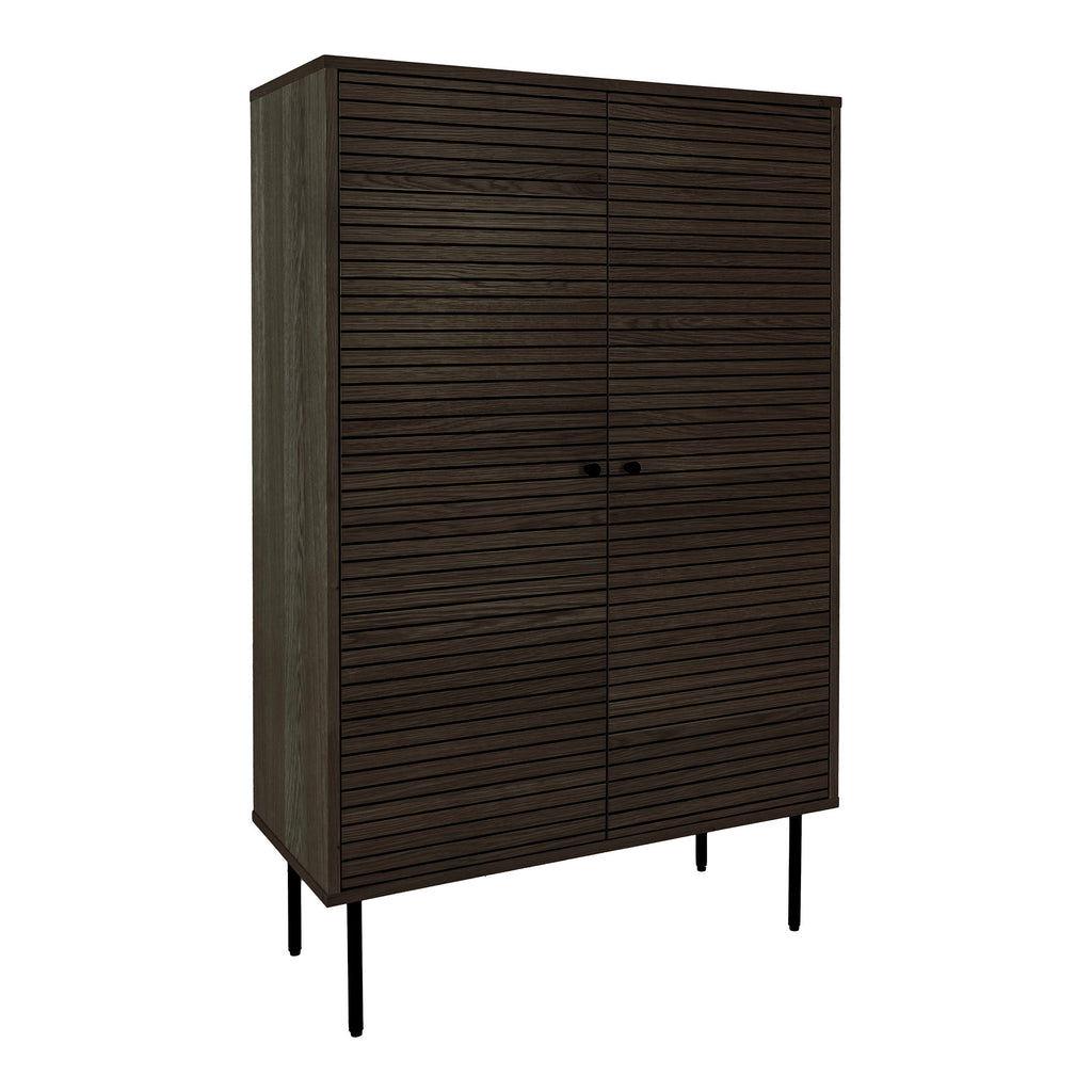 Comodă înaltă, 2 uși, furnir de stejar, fumuriu, picioare din metal negru, 80x40x130 cm