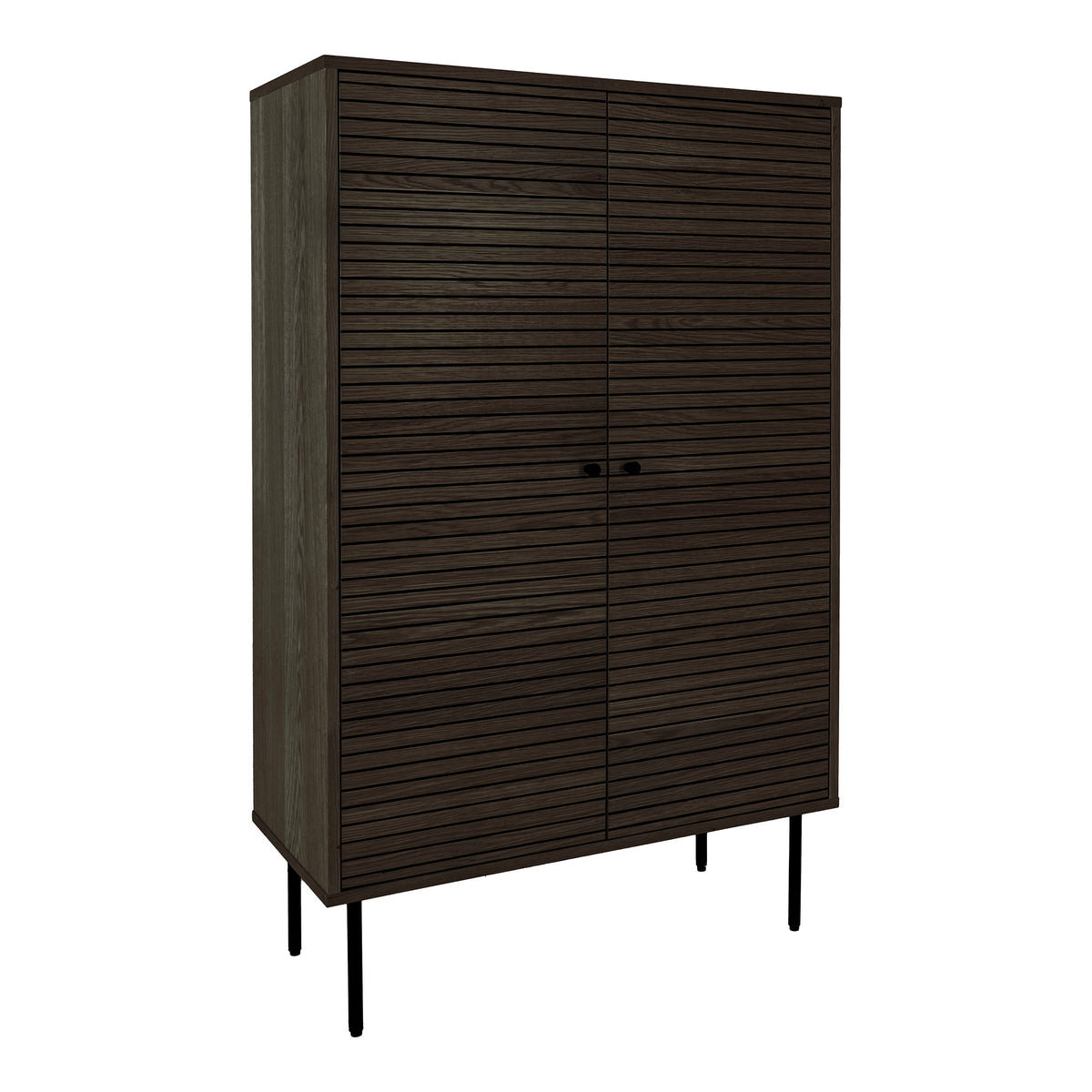 Comodă înaltă, 2 uși, furnir de stejar, fumuriu, picioare din metal negru, 80x40x130 cm
