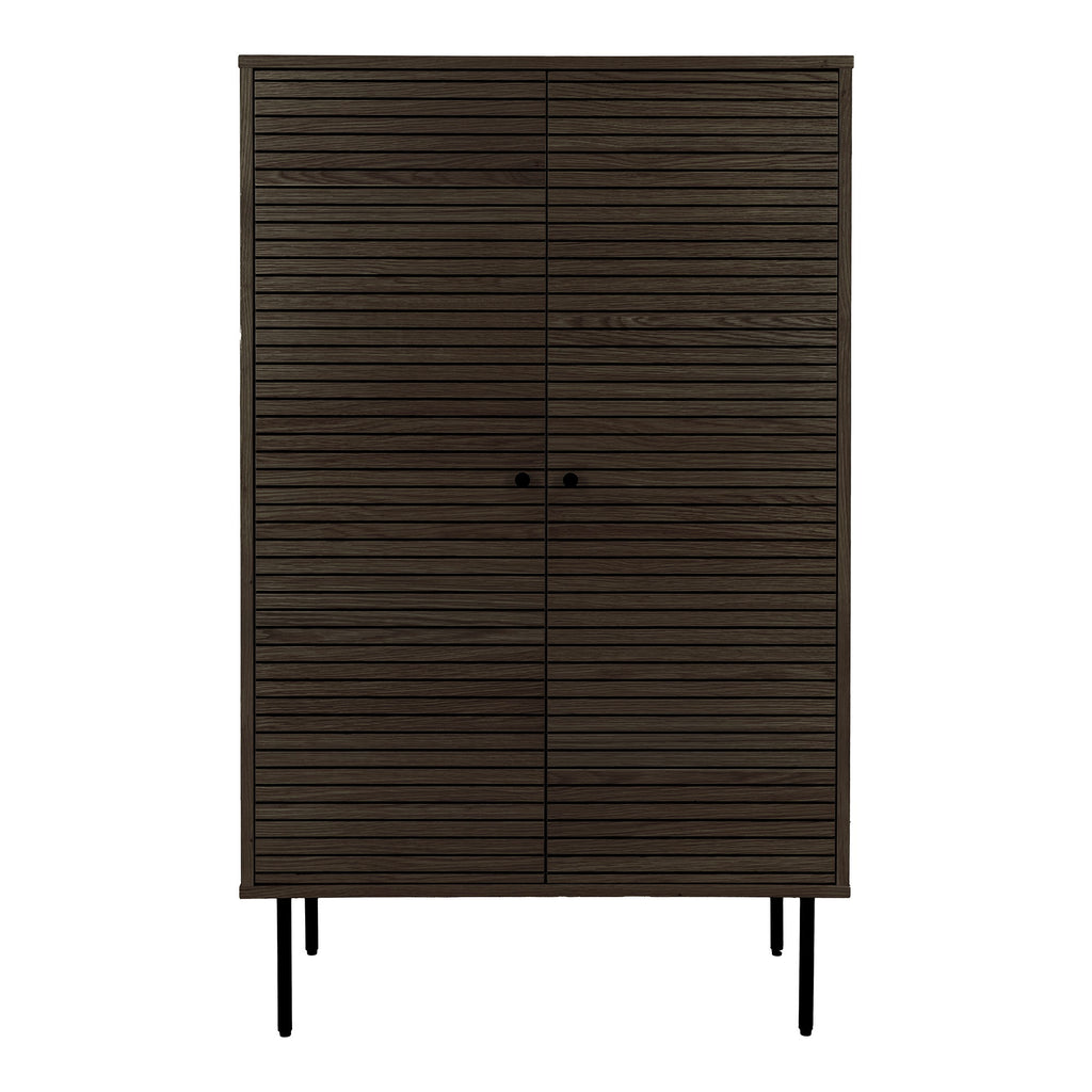 Comodă înaltă, 2 uși, furnir de stejar, fumuriu, picioare din metal negru, 80x40x130 cm