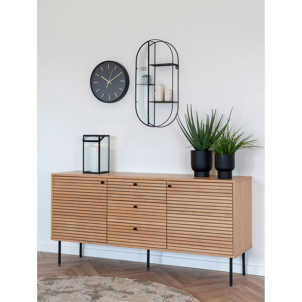 Comodă, 3 sertare, 2 uși, furnir de stejar, natur, picioare din metal negru, 150x40x74 cm