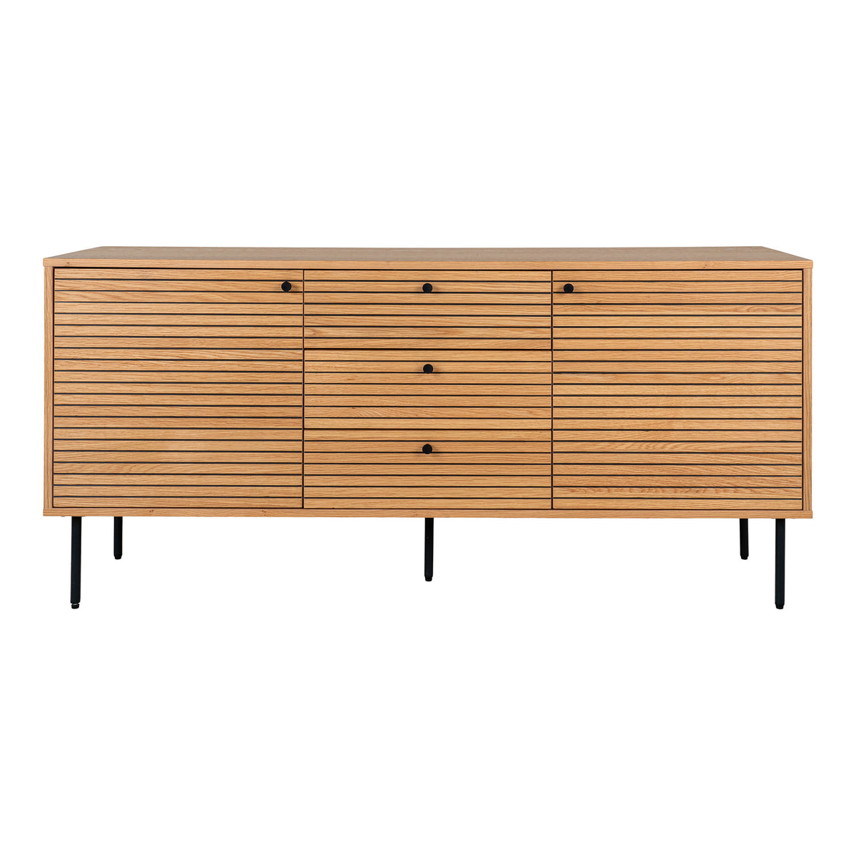 Comodă, 3 sertare, 2 uși, furnir de stejar, natur, picioare din metal negru, 150x40x74 cm
