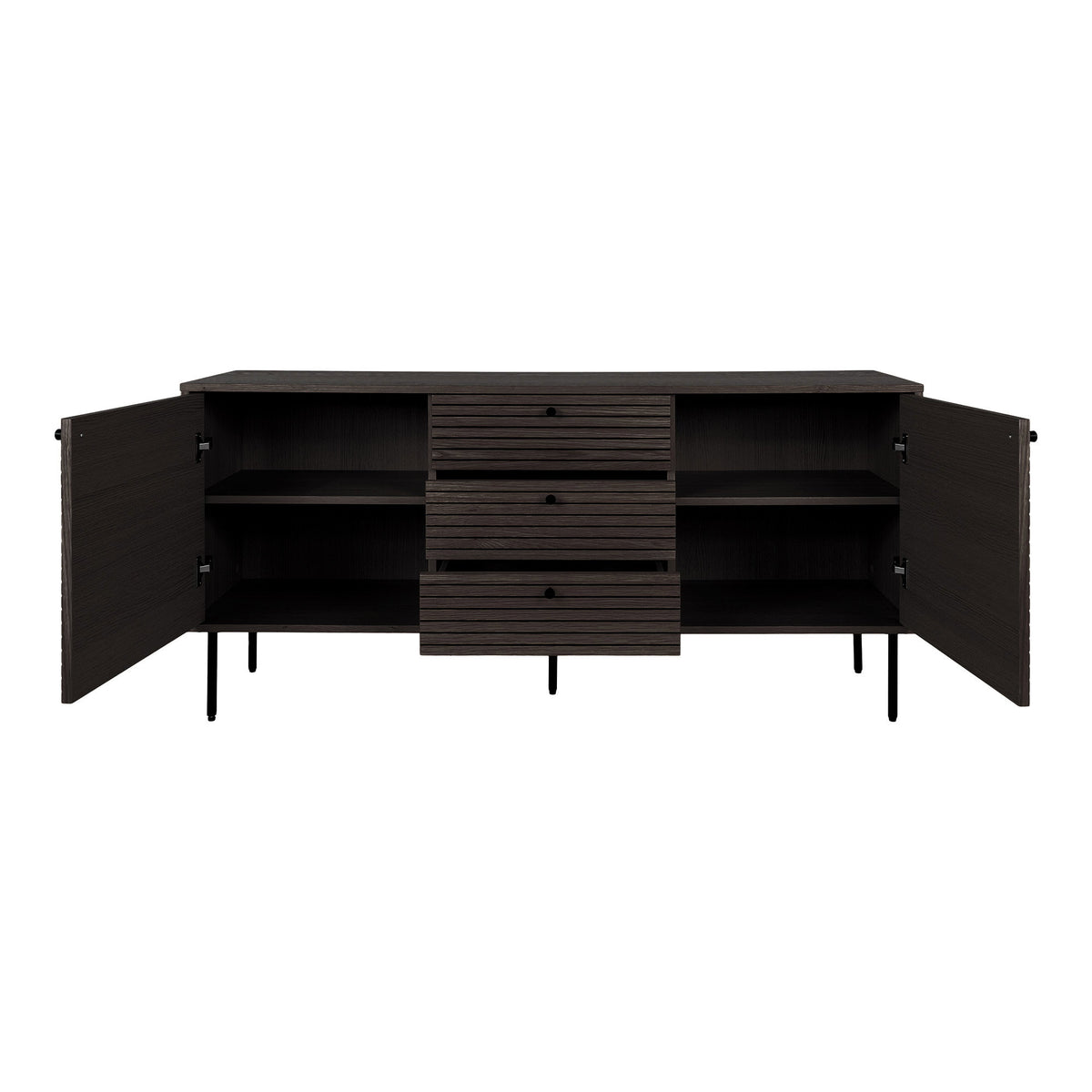 Comodă, 3 sertare, 2 uși, furnir de stejar, fumuriu, picioare din metal negru, 150x40x74 cm