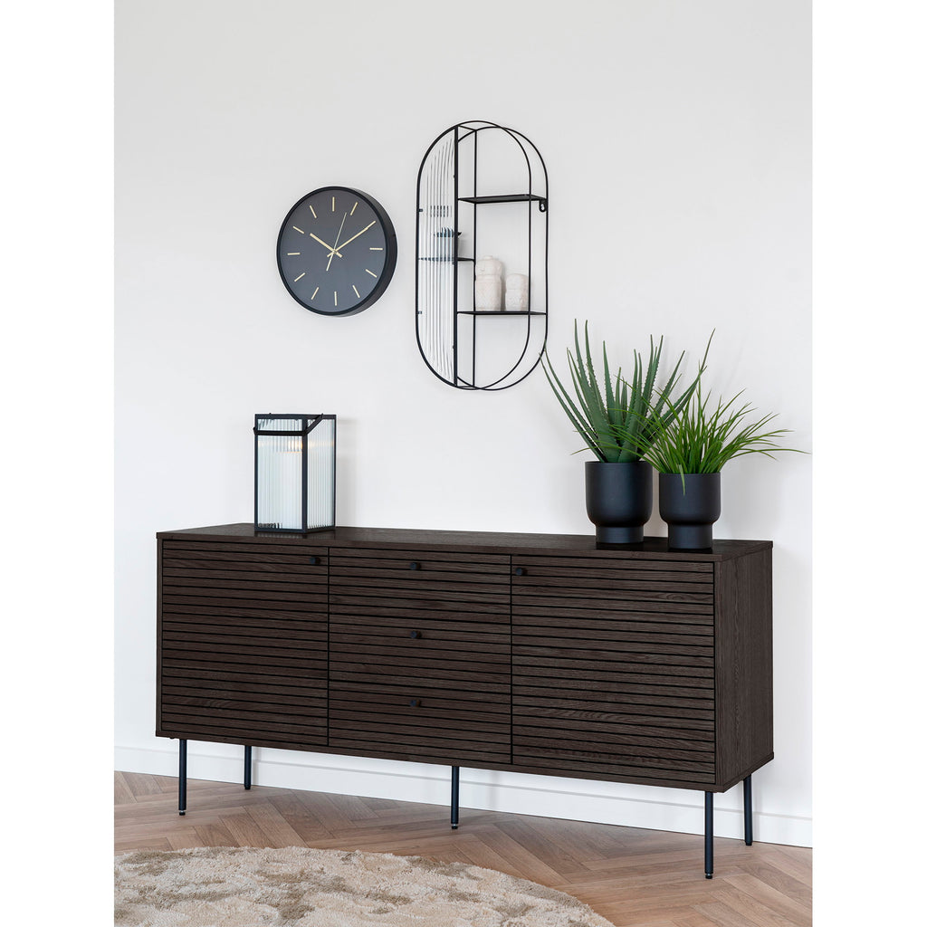 Comodă, 3 sertare, 2 uși, furnir de stejar, fumuriu, picioare din metal negru, 150x40x74 cm