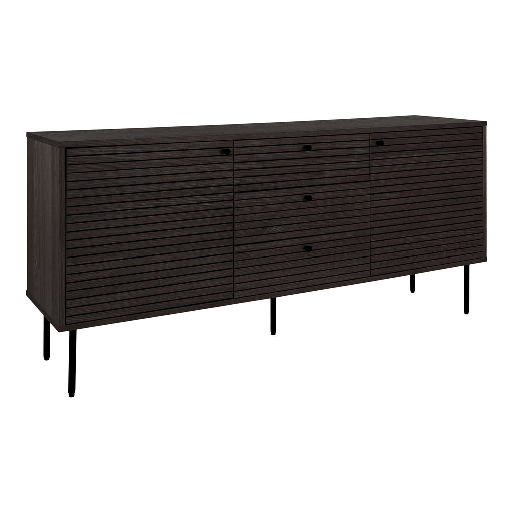 Comodă, 3 sertare, 2 uși, furnir de stejar, fumuriu, picioare din metal negru, 150x40x74 cm