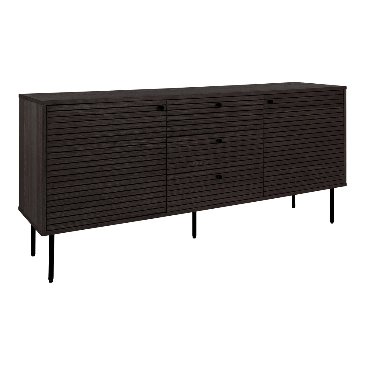 Comodă, 3 sertare, 2 uși, furnir de stejar, fumuriu, picioare din metal negru, 150x40x74 cm