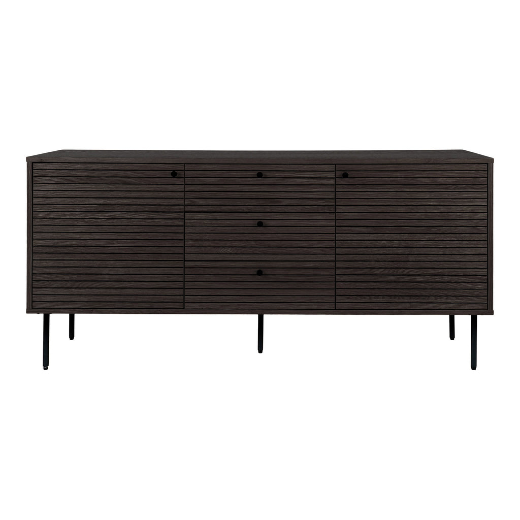 Comodă, 3 sertare, 2 uși, furnir de stejar, fumuriu, picioare din metal negru, 150x40x74 cm