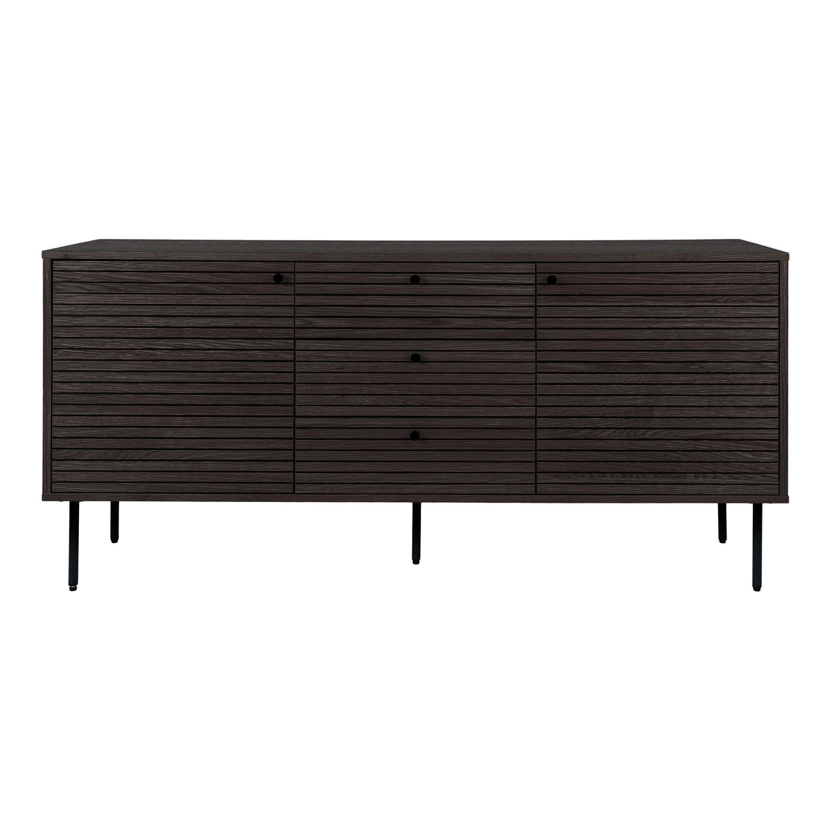Comodă, 3 sertare, 2 uși, furnir de stejar, fumuriu, picioare din metal negru, 150x40x74 cm