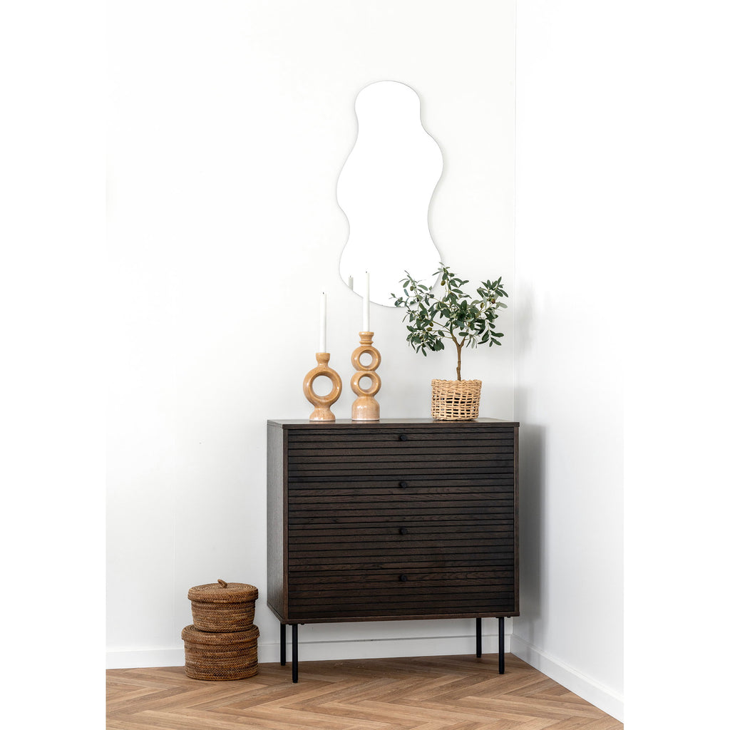 Comodă, 4 sertare, furnir de stejar, fumuriu, picioare din metal negru, 80x40x85 cm