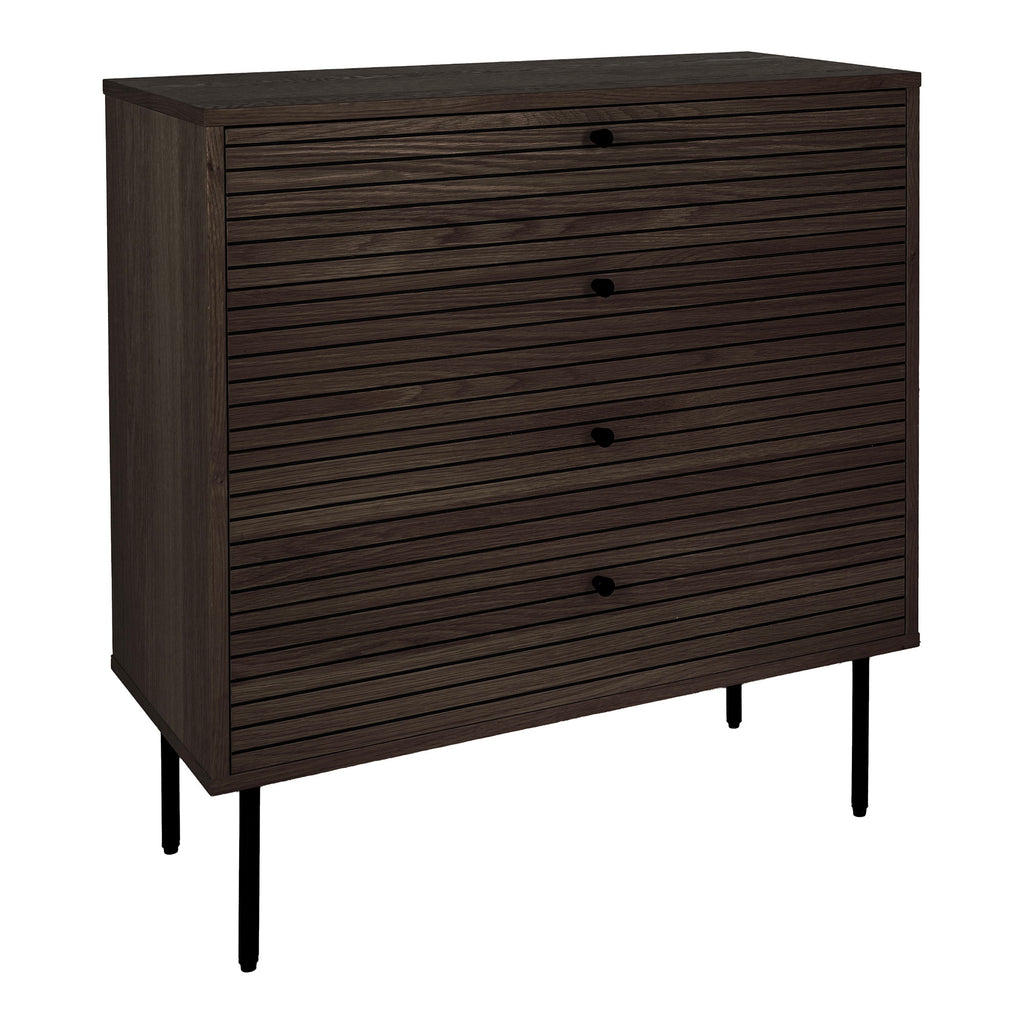 Comodă, 4 sertare, furnir de stejar, fumuriu, picioare din metal negru, 80x40x85 cm