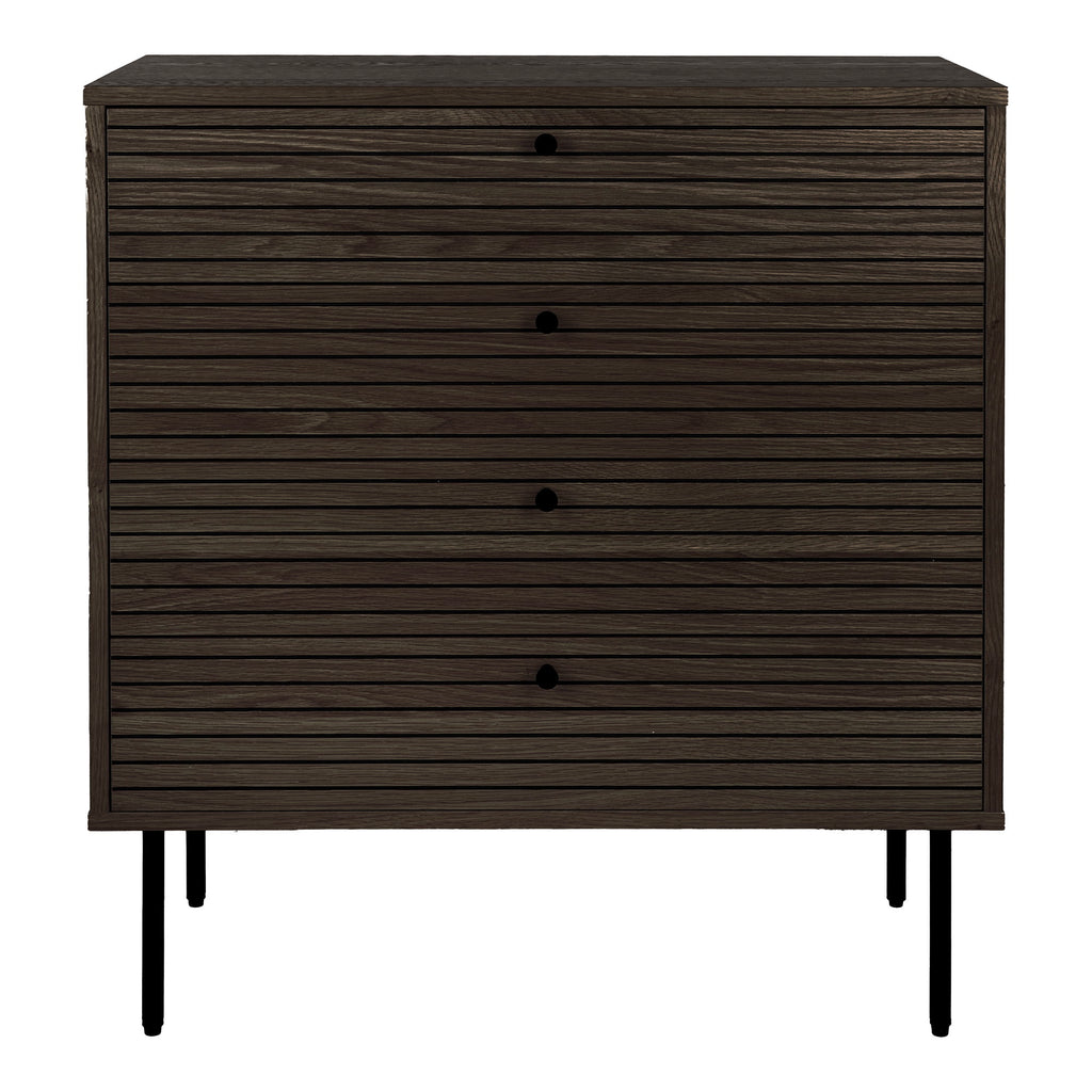 Comodă, 4 sertare, furnir de stejar, fumuriu, picioare din metal negru, 80x40x85 cm