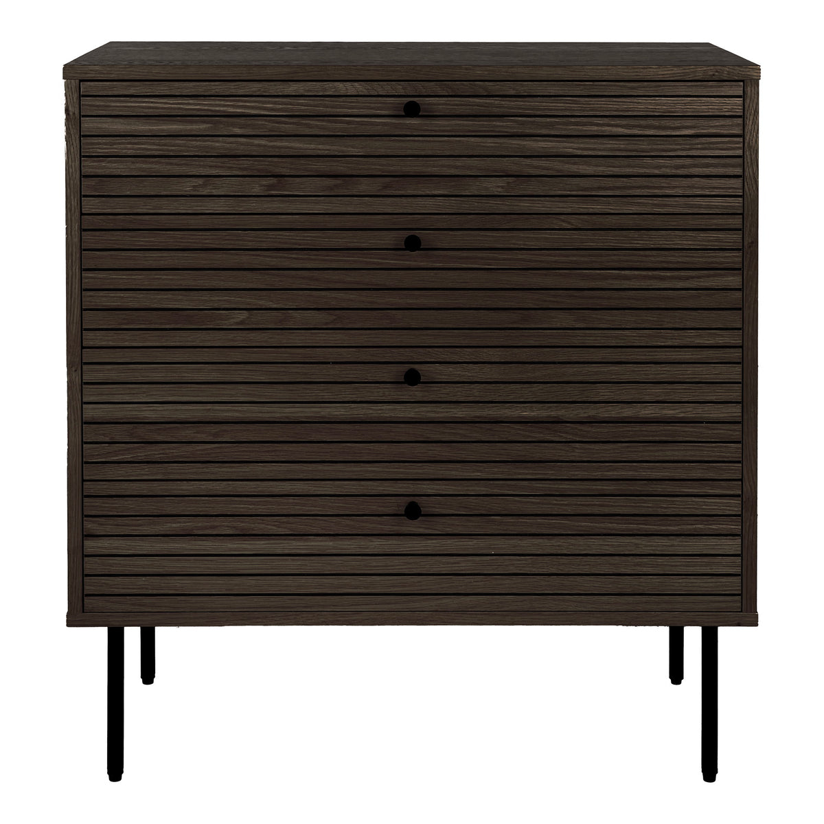 Comodă, 4 sertare, furnir de stejar, fumuriu, picioare din metal negru, 80x40x85 cm