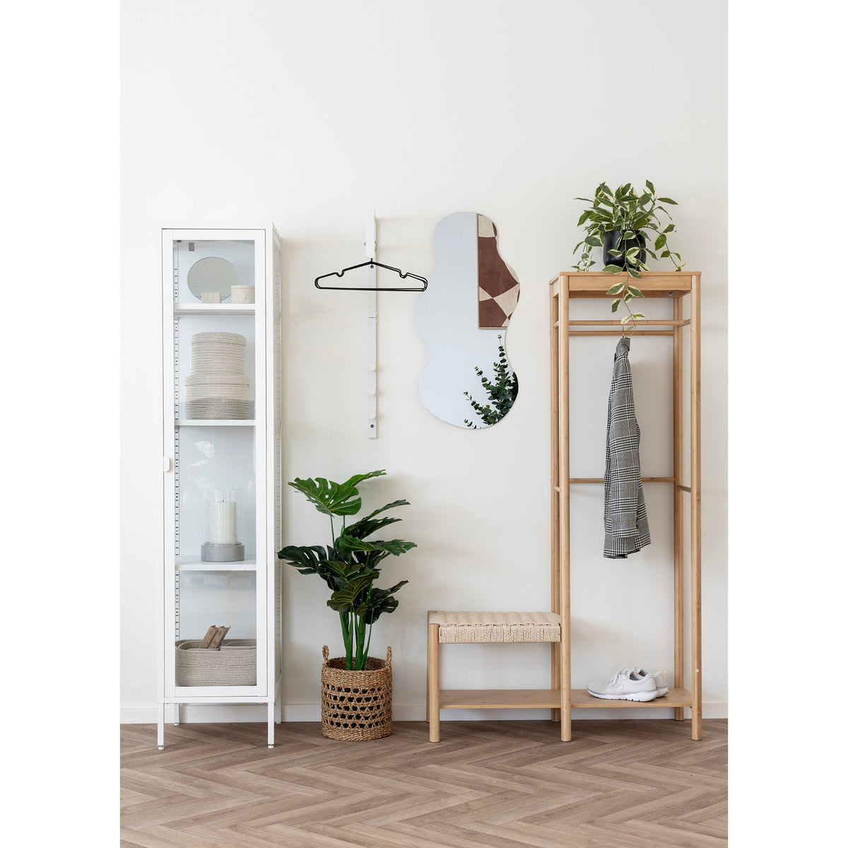 Suport pentru haine cu bancă din împletitură naturală, bambus, natur, 36x95x165