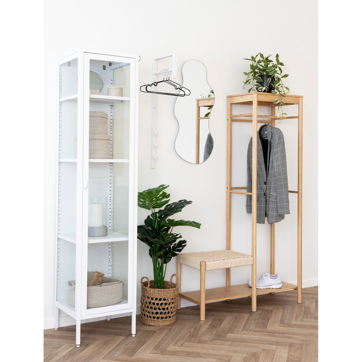 Suport pentru haine cu bancă din împletitură naturală, bambus, natur, 36x95x165
