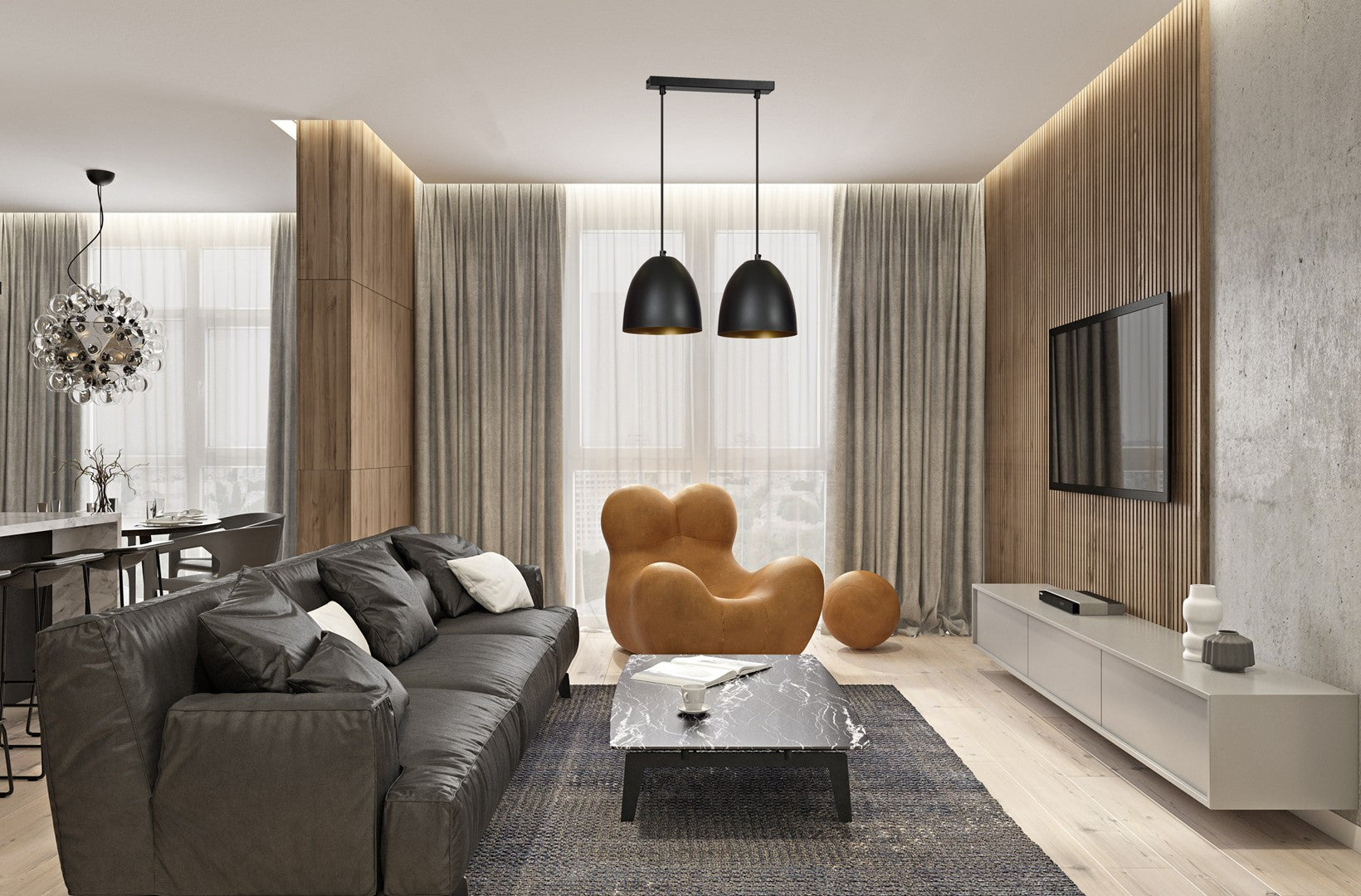 Lampa suspendata cu abajur metalic negru cu acente aurii 2 lumini Lenox