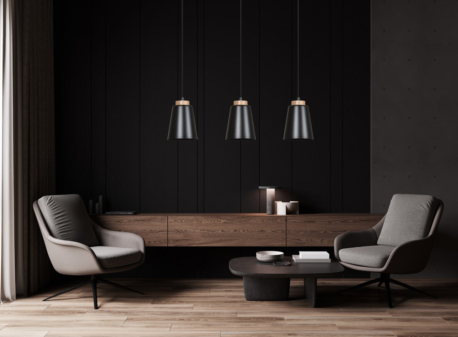 Lampa suspendata metalica neagra cu accente din lemn Bolero