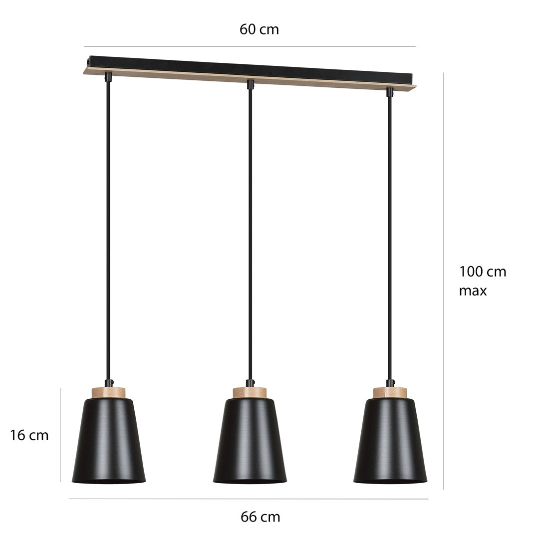 Lampa suspendata metalica neagra cu accente din lemn 3 lumini Bolero