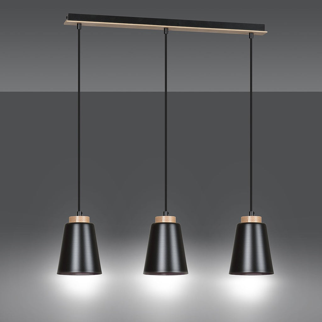 Lampa suspendata metalica neagra cu accente din lemn 3 lumini Bolero