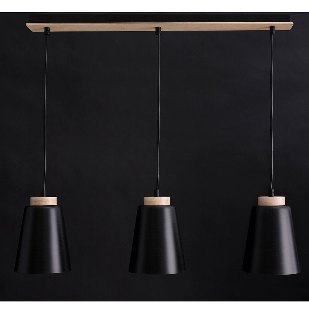 Lampa suspendata metalica neagra cu accente din lemn 3 lumini Bolero