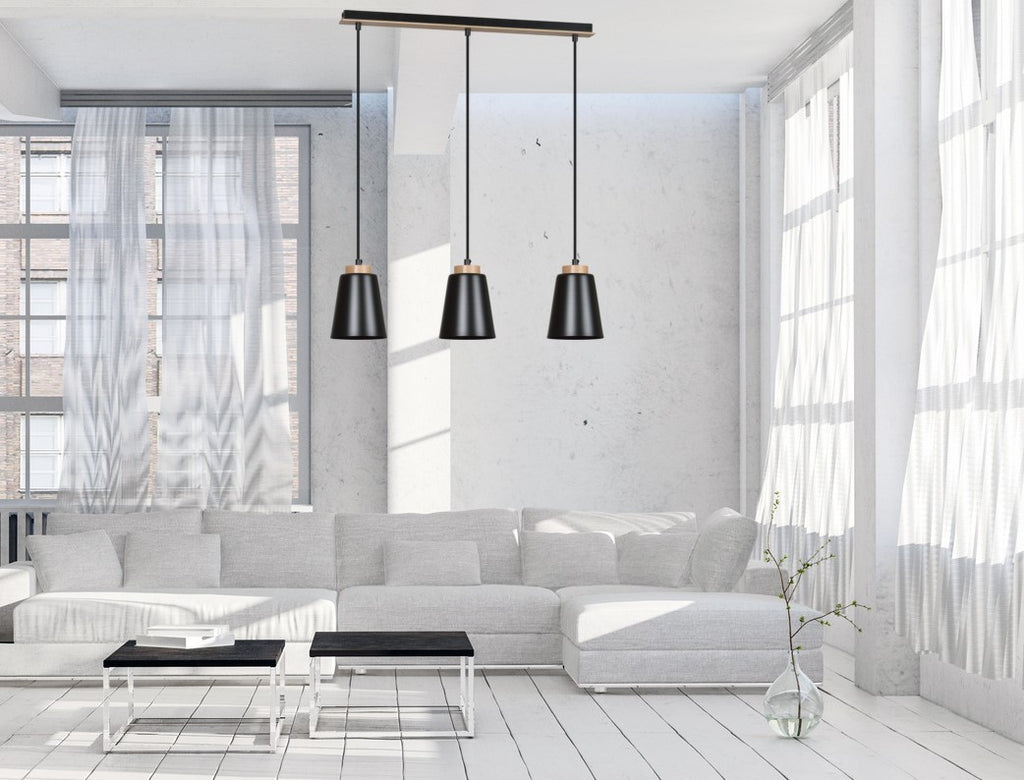 Lampa suspendata metalica neagra cu accente din lemn 3 lumini Bolero