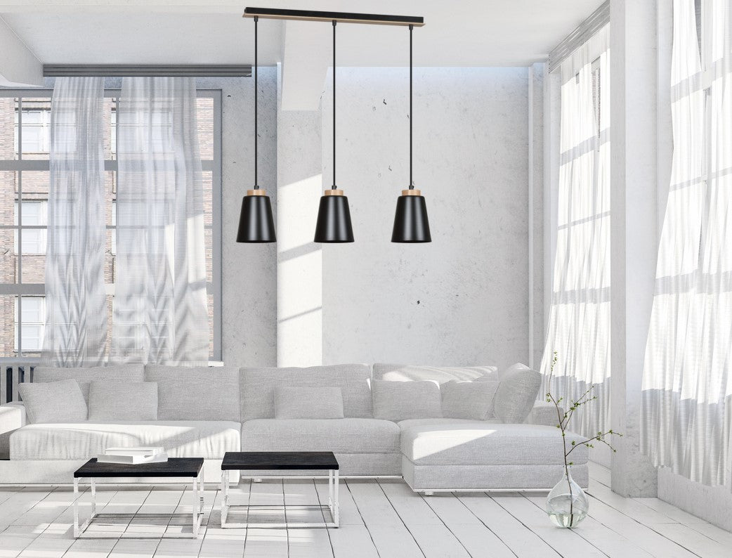 Lampa suspendata metalica neagra cu accente din lemn 3 lumini Bolero