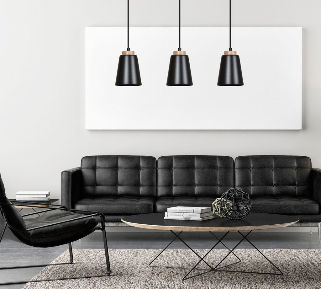 Lampa suspendata metalica neagra cu accente din lemn 3 lumini Bolero