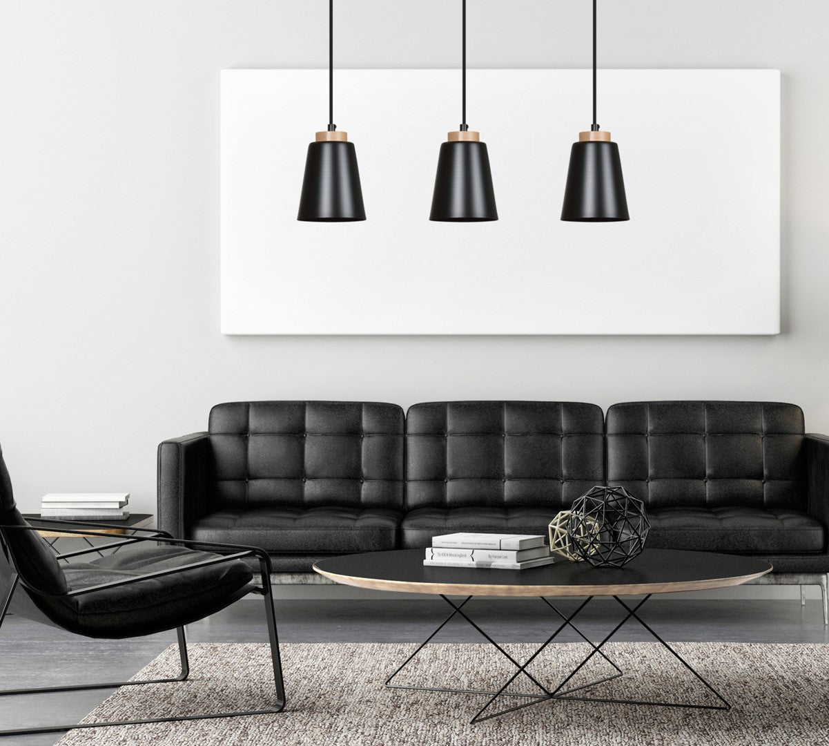 Lampa suspendata metalica neagra cu accente din lemn 3 lumini Bolero