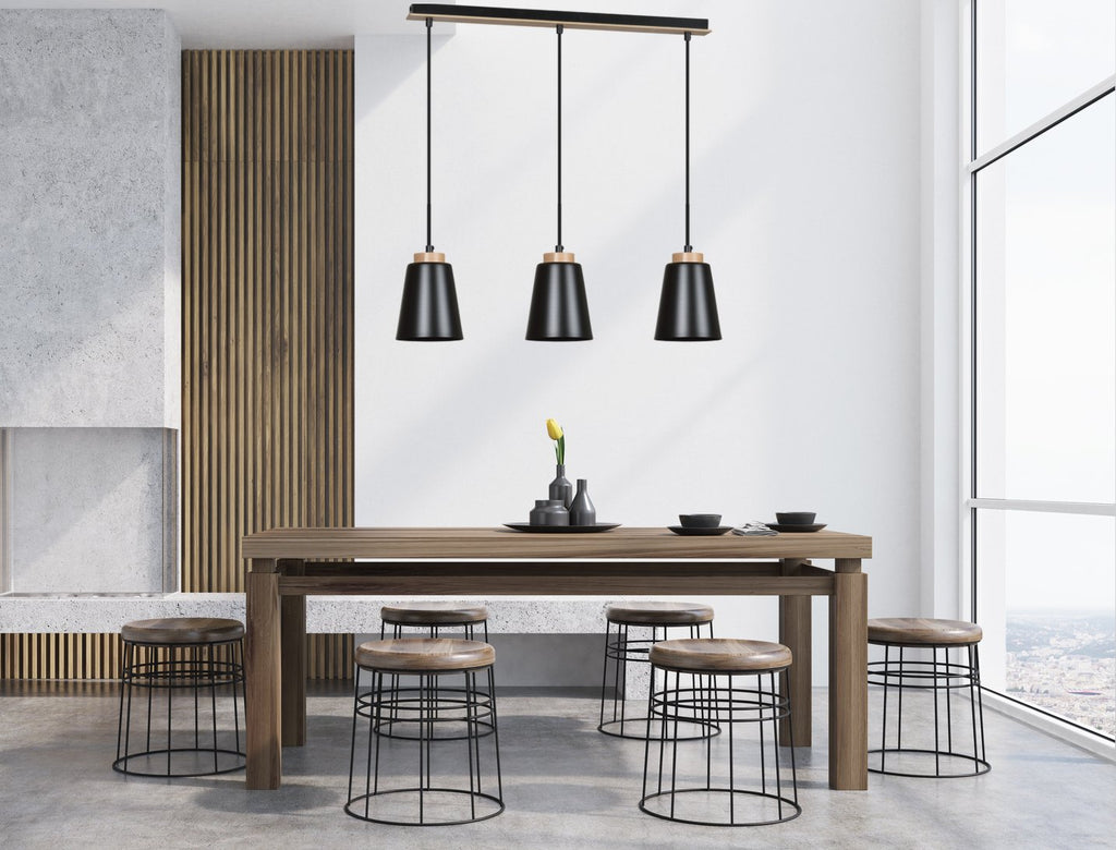 Lampa suspendata metalica neagra cu accente din lemn 3 lumini Bolero