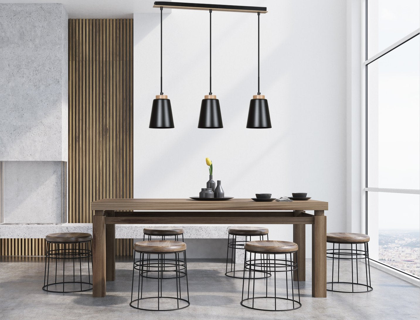 Lampa suspendata metalica neagra cu accente din lemn 3 lumini Bolero