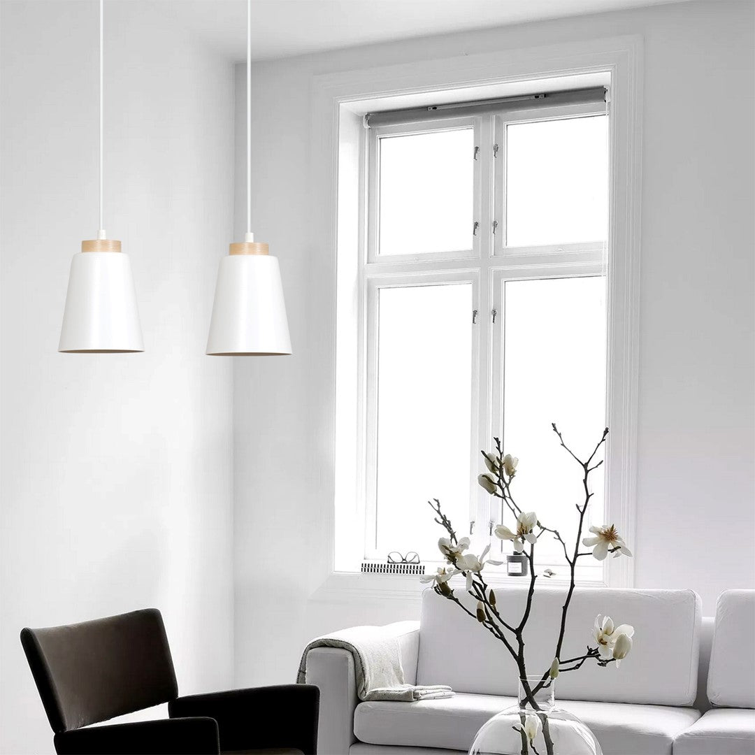 Lampa suspendata metalica alba cu accente din lemn Bolero