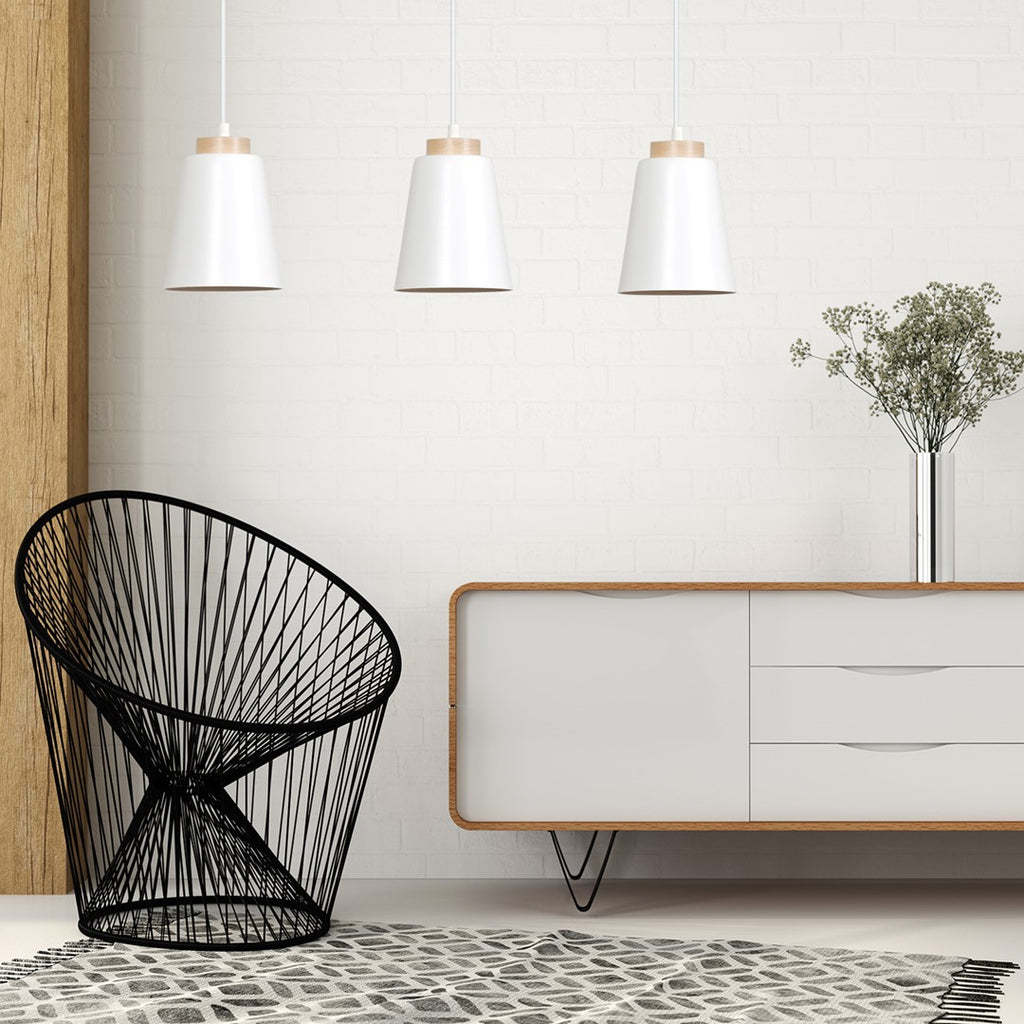Lampa suspendata metalica alba cu accente din lemn 3 lumini Bolero
