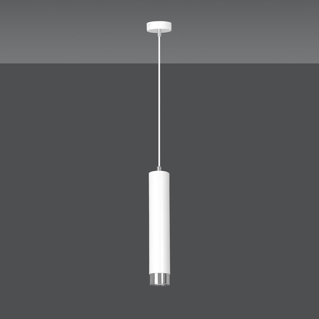Lampa suspendata alba cu accente cromate in forma de tub Kibo