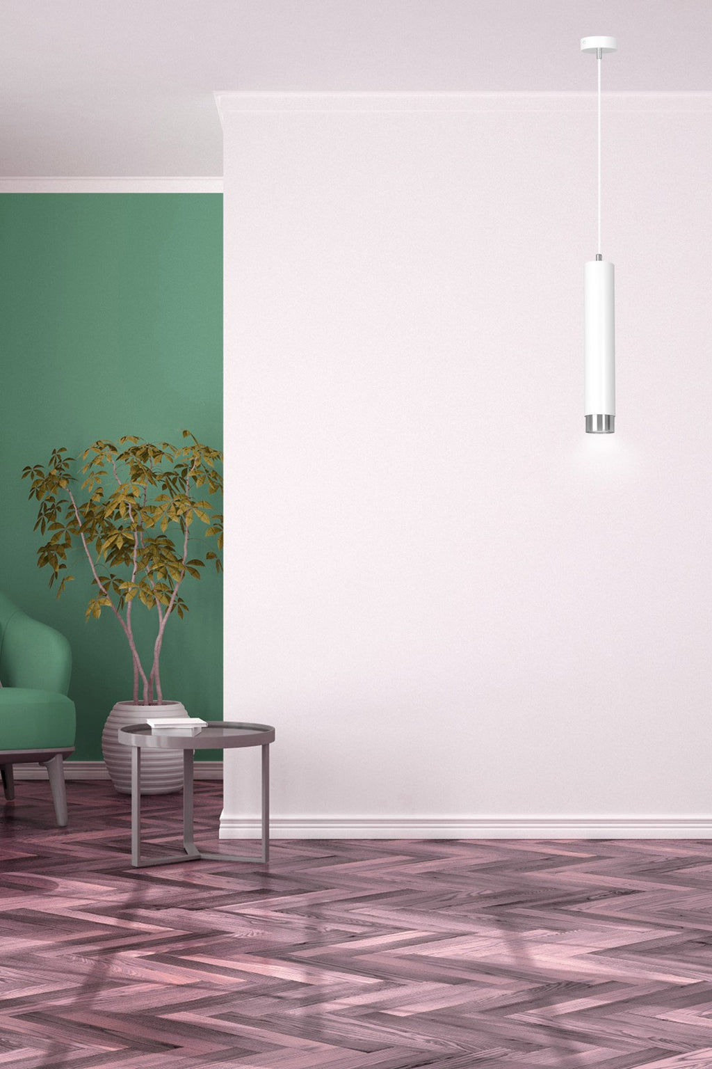 Lampa suspendata alba cu accente cromate in forma de tub Kibo