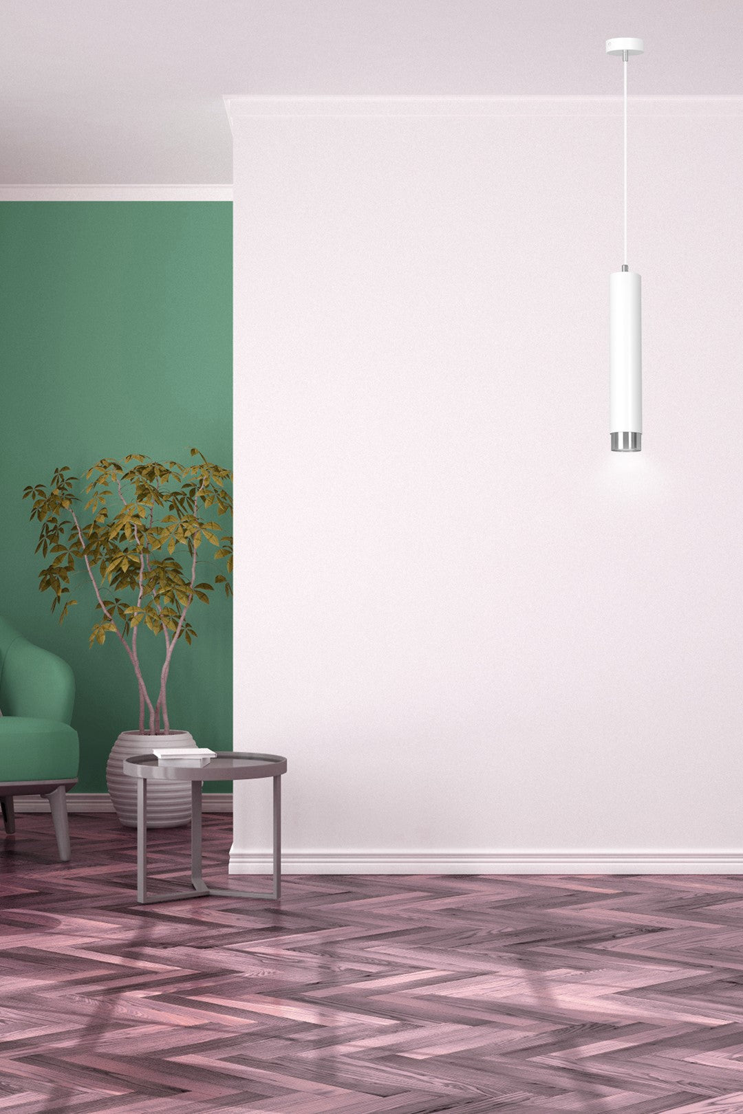 Lampa suspendata alba cu accente cromate in forma de tub Kibo
