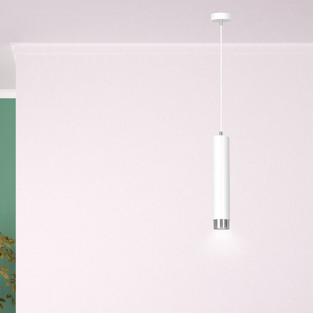 Lampa suspendata alba cu accente cromate in forma de tub Kibo