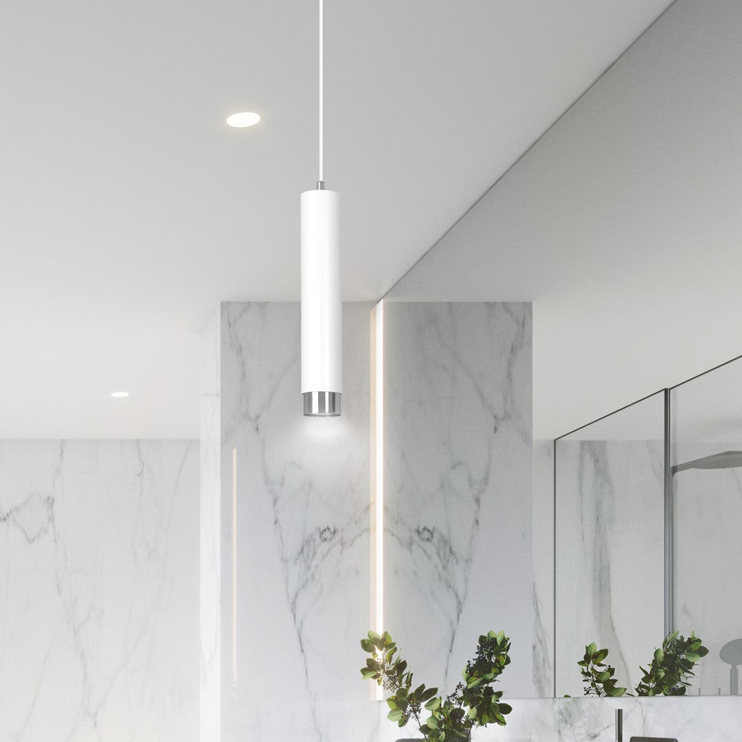Lampa suspendata alba cu accente cromate in forma de tub Kibo